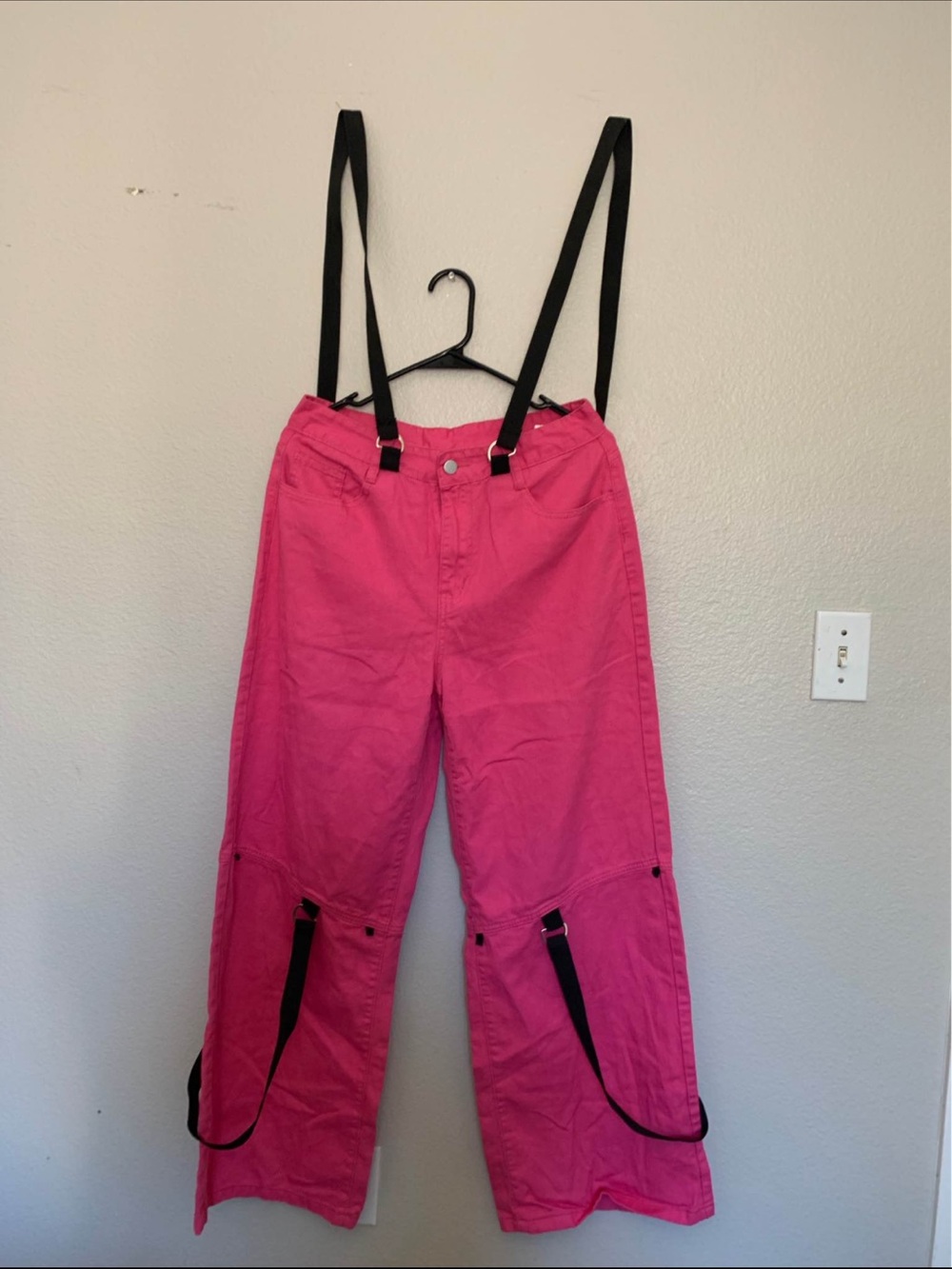 Bright Pink Cargo Pants with Black Strap Details - Picture 3 of 3